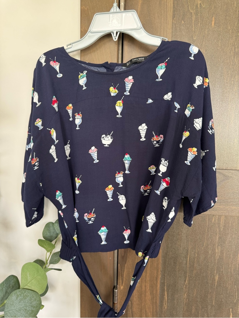 Zara Navy Multicolor Ice Cream Print Tie-Front Blouse